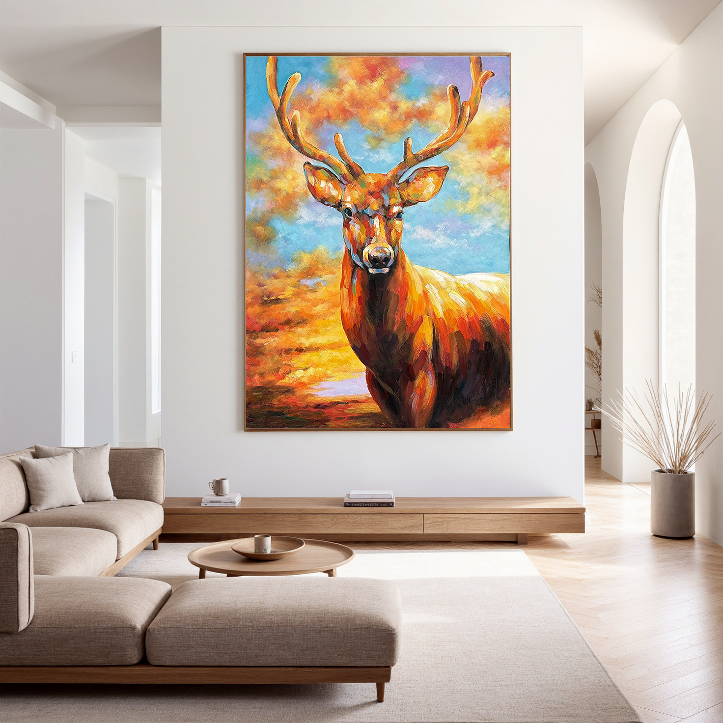 The Aurora Guardian – Contemporary Expressionist Majestic Stag Painting | Vibrant Statement Living Room Art