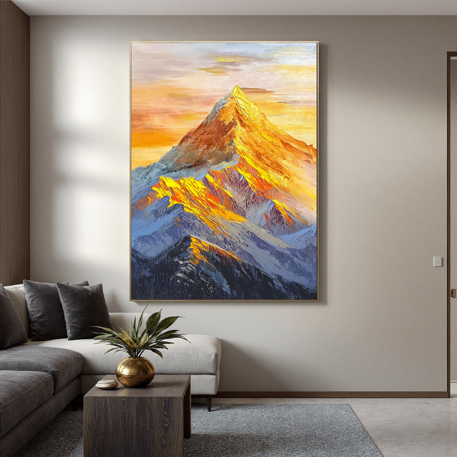 The Gilded Pinnacle – Contemporary Golden Hour Mountain Peak Painting | Vibrant Impasto Hallway Art