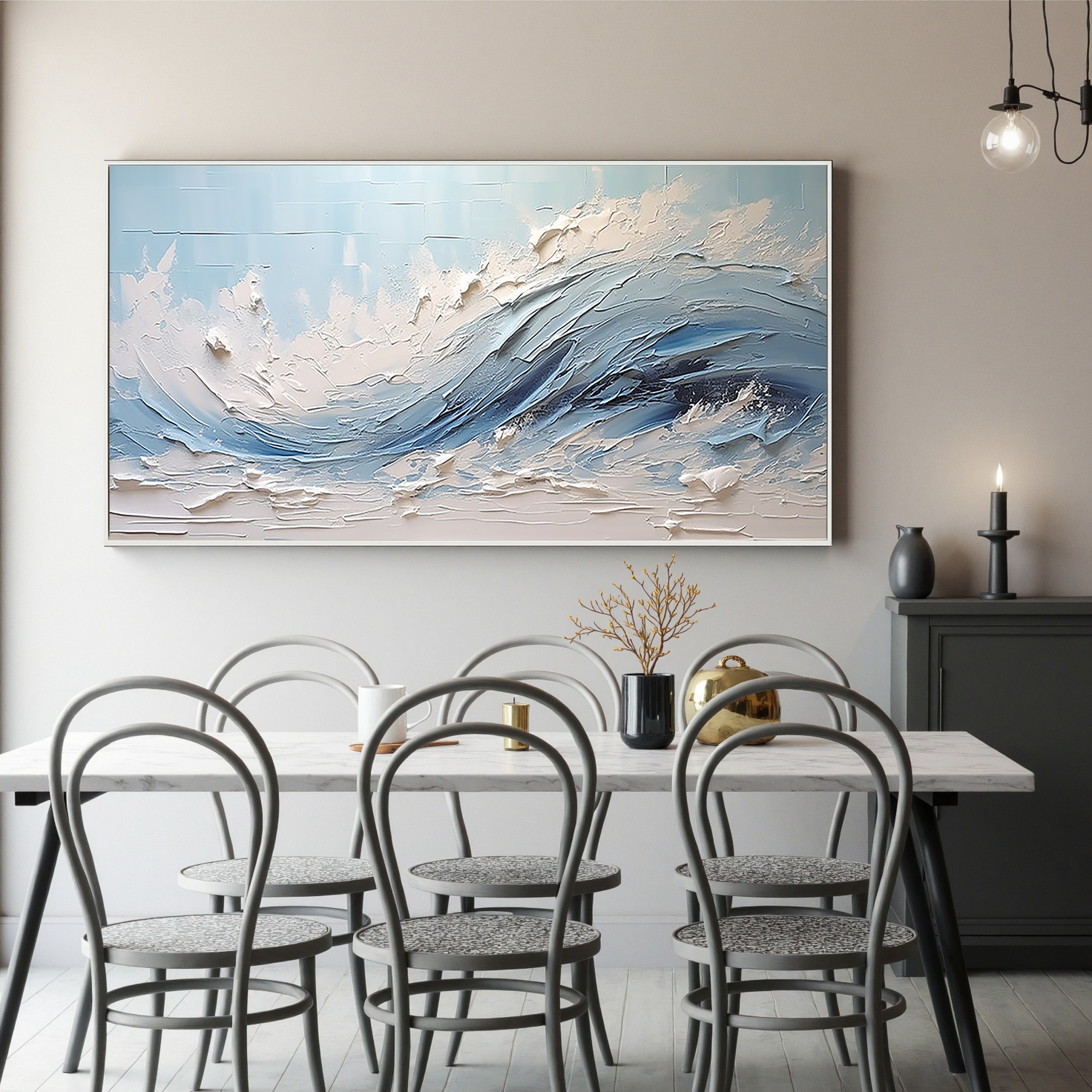 Sky Tide – Hand-Painted Sky Blue Ocean Wave Plaster Relief Seascape Painting | Coastal Modern Living Room & Bedroom Art