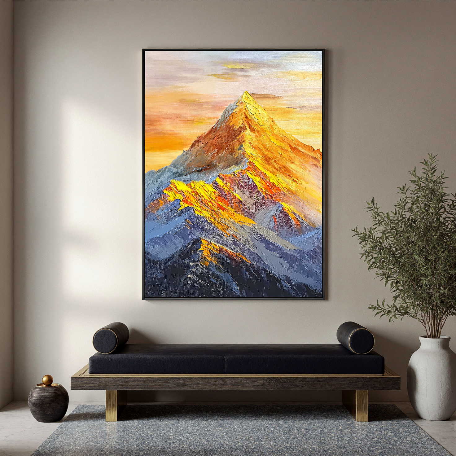 The Gilded Pinnacle – Contemporary Golden Hour Mountain Peak Painting | Vibrant Impasto Hallway Art