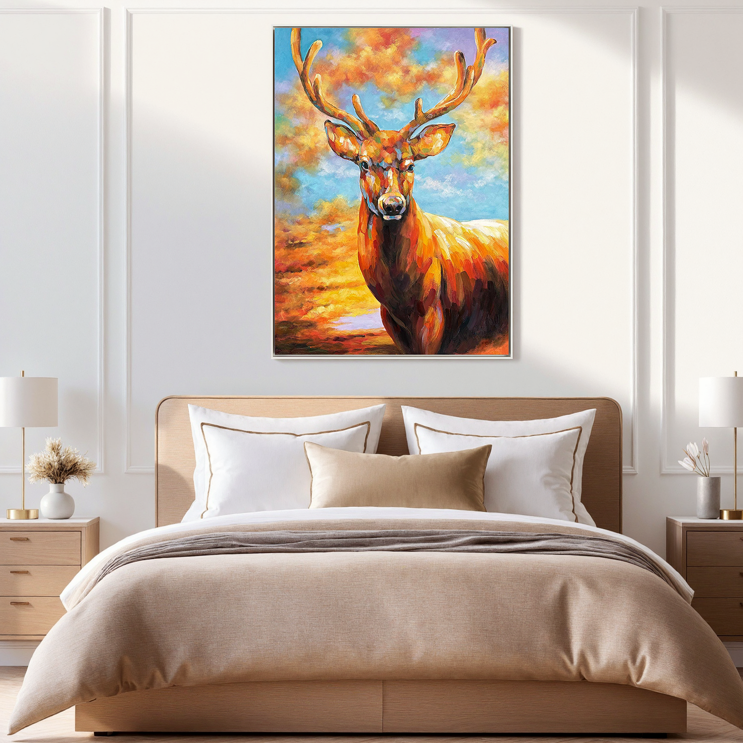 The Aurora Guardian – Contemporary Expressionist Majestic Stag Painting | Vibrant Statement Living Room Art