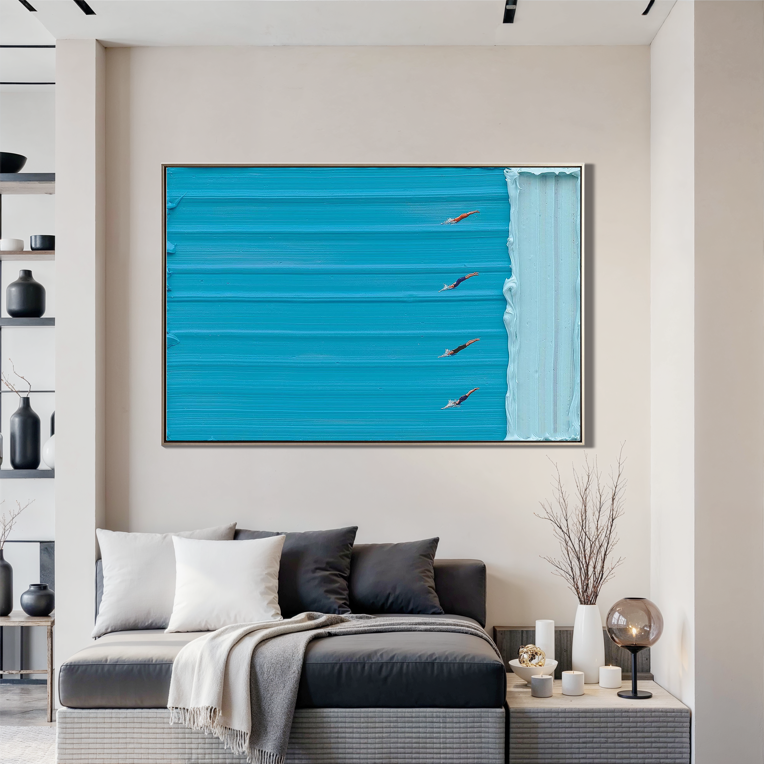 Azure Competition – Hand-Painted Minimalist Swimming Pool Azure Blue Sport Painting | Contemporary Sport Home Office & Living Room Art