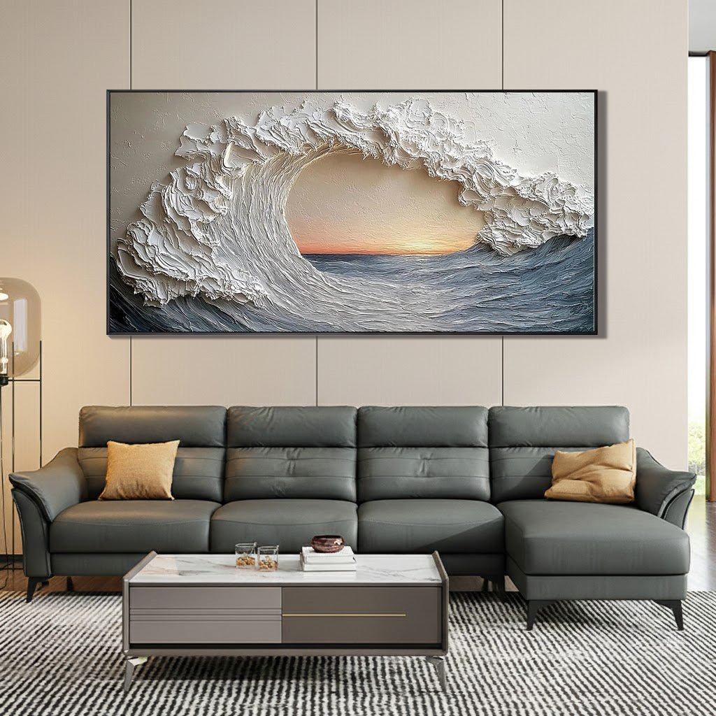 The Ocean Eye – Modern Luxury Crashing Wave Textured Painting | Panoramic Impasto Living Room Art