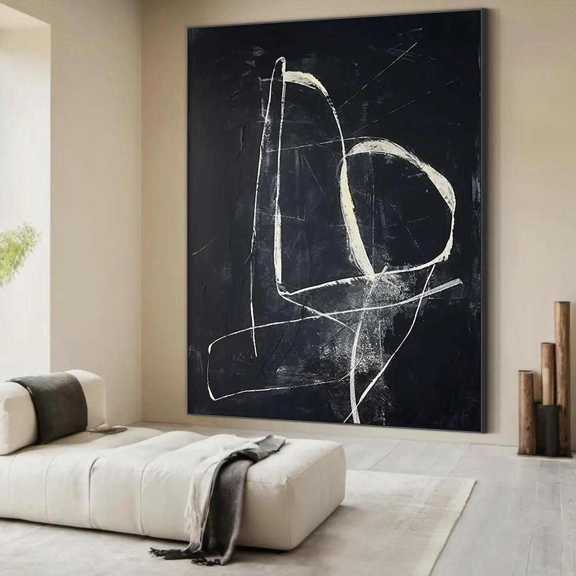 Dark Lineage – Hand-Painted Black and White Abstract Line Minimalist Painting | Bold Minimalist Bedroom & Home Office Art