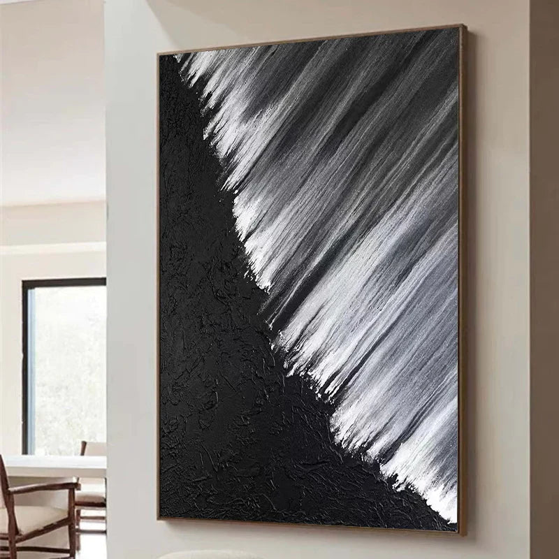 Metallic Sweep – Hand-Painted Black Plaster and Silver Brush Stroke Minimalist Painting | Modern Minimalist Bedroom & Home Office Art