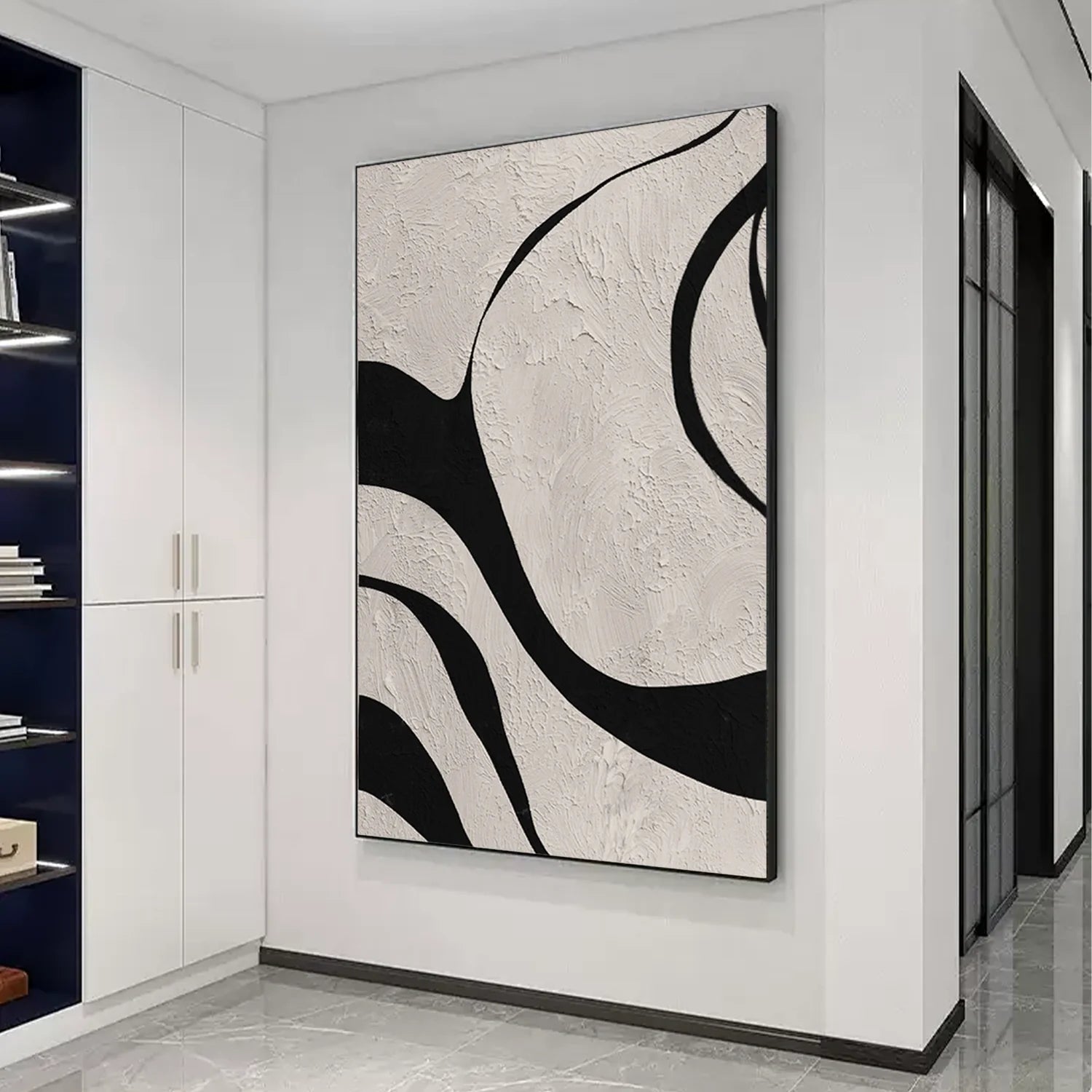 Mono Flow – Hand-Painted Black and White Bold Curve Abstract Minimalist Painting | Bold Minimalist Bedroom & Home Office Art