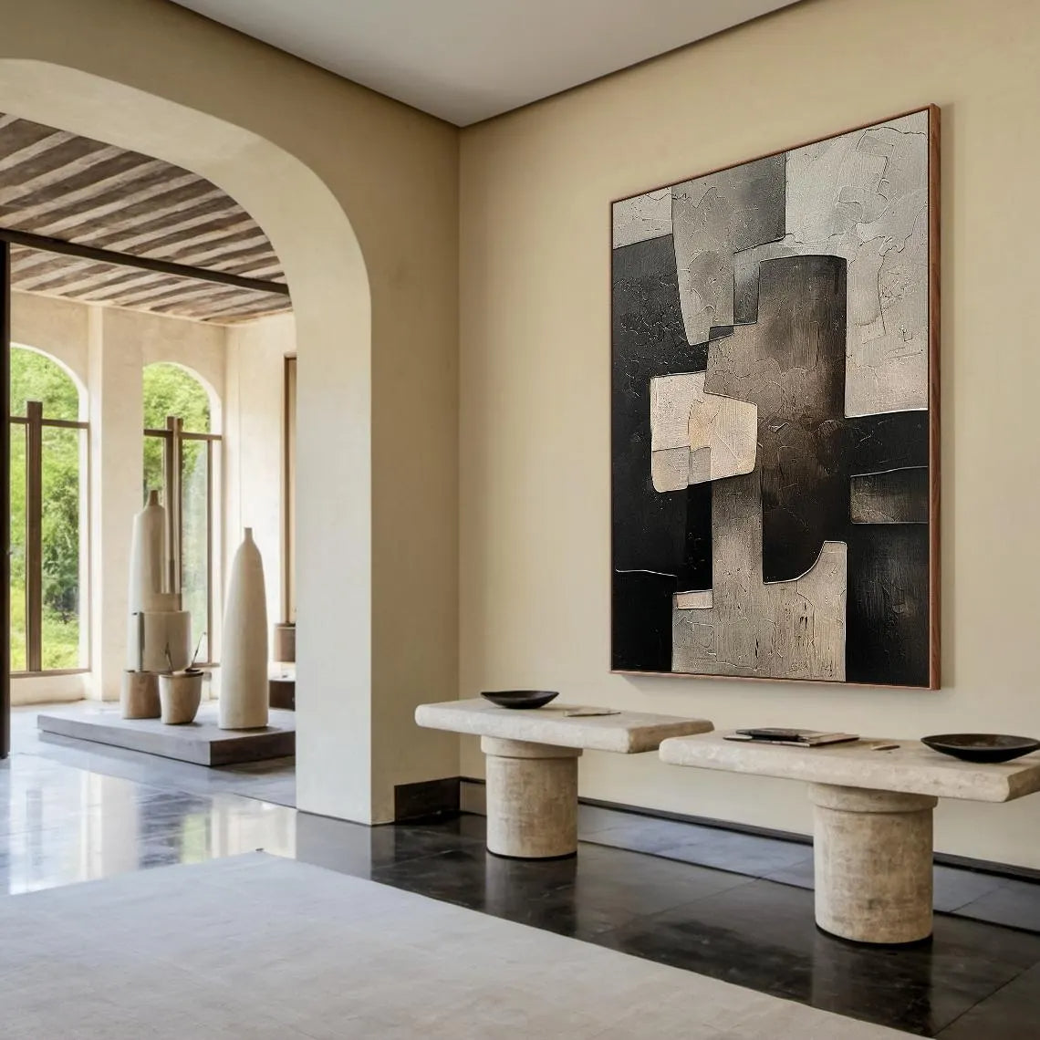 Urban Matrix – Heavy Texture Black & Stone Grey Abstract Painting | Bold Abstract Palette Knife Living Room Art