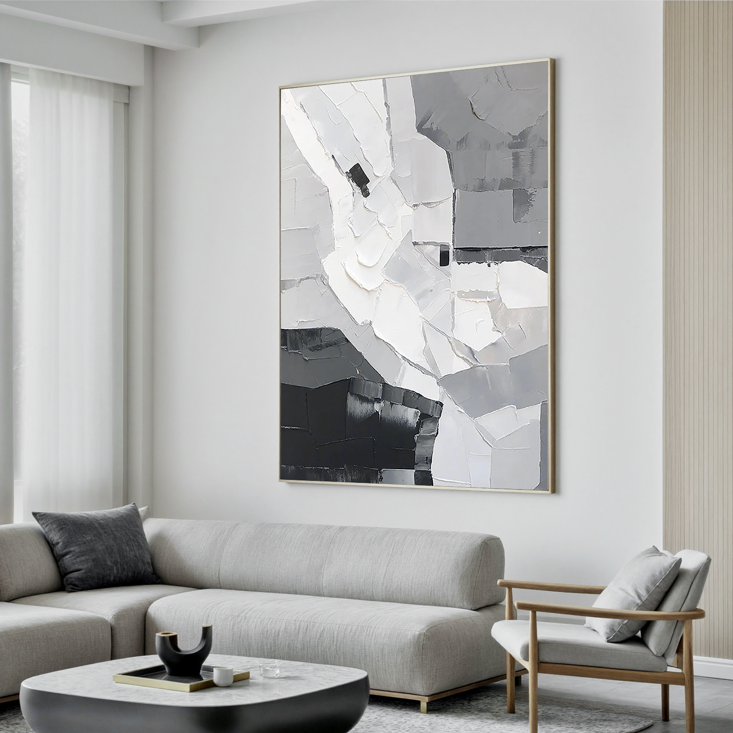 Mono Strata – Hand-Painted Modern Abstract Black White Grey Block Minimalist Painting | Modern Minimalist Bedroom & Home Office Art