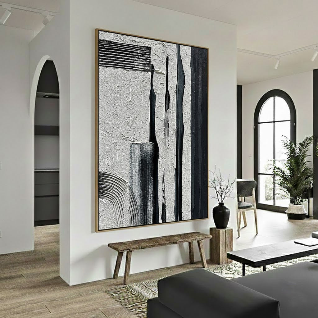 Urban Noir – Heavy Texture Industrial Abstract Painting | Wabi-sabi Plaster Style Hallway Decor Art