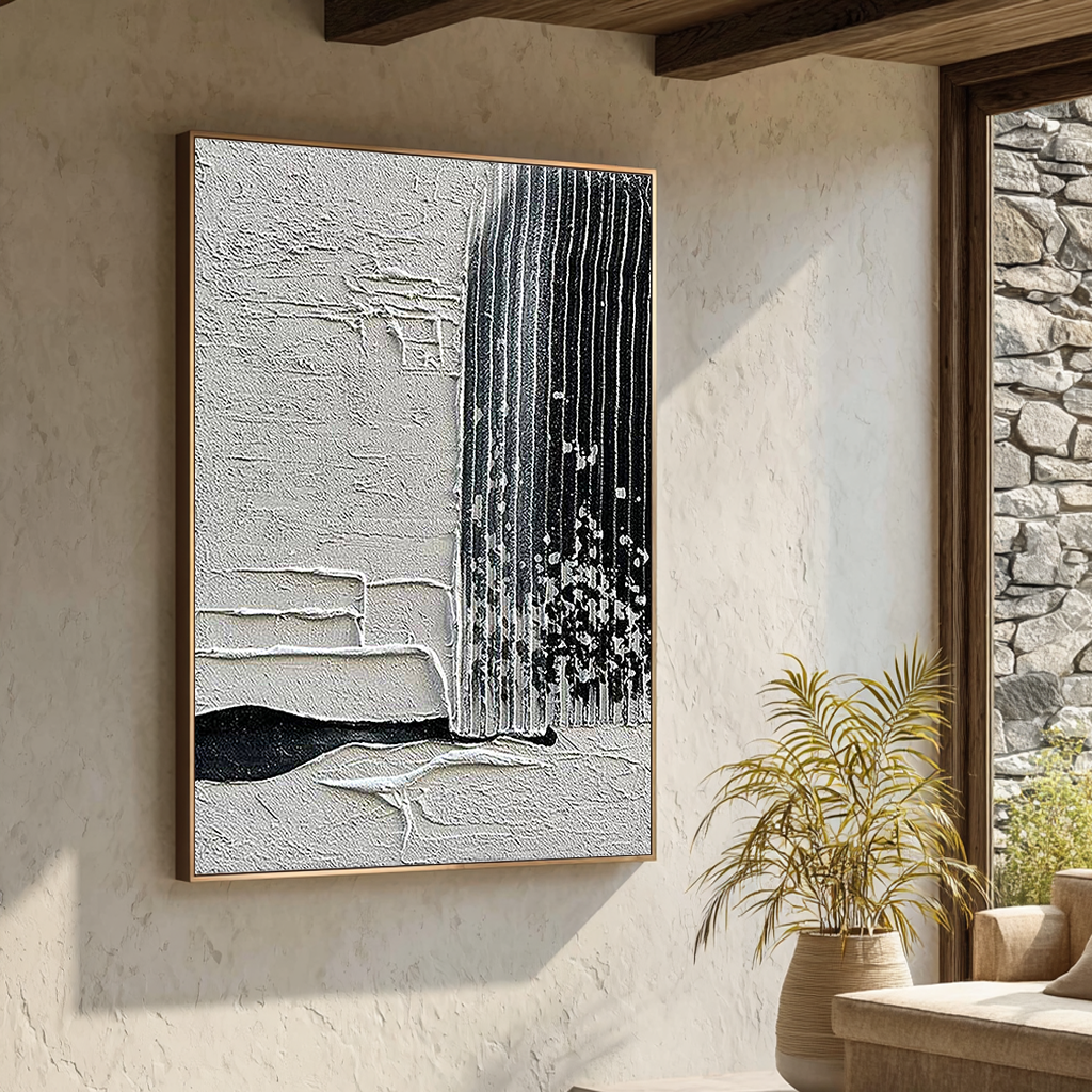 Industrial Ridge – Black & White Plaster Relief Minimalist Painting | Bold Minimalist Bedroom & Home Office Art