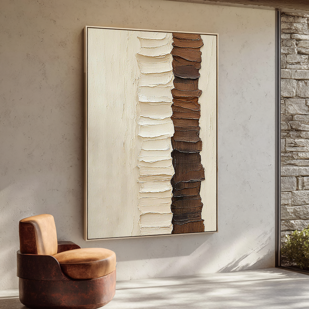 Vertical Ridge – Cream & Chocolate Palette Knife Relief Abstract Painting | Modern Abstract Living Room & Office Art