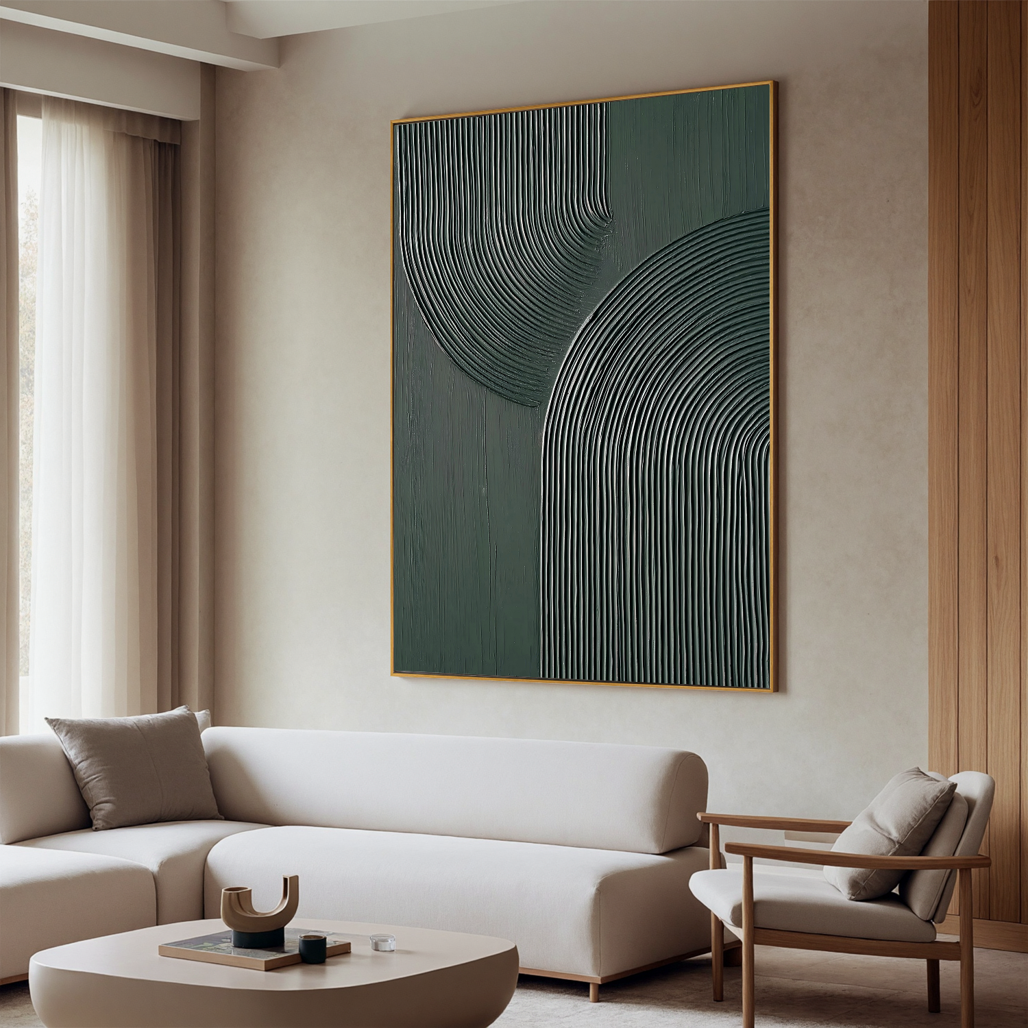 Silent Harmony – Modern Deep Green Textured Painting | Geometric Ribbed Plaster Hallway Art