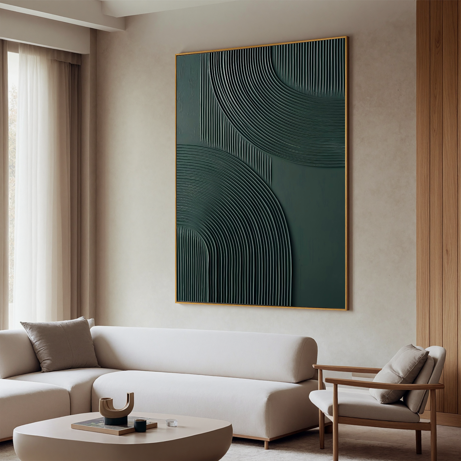 Forest Whispers – Mid-Century Modern Deep Green Textured Painting | Geometric Ribbed Plaster Hallway Art