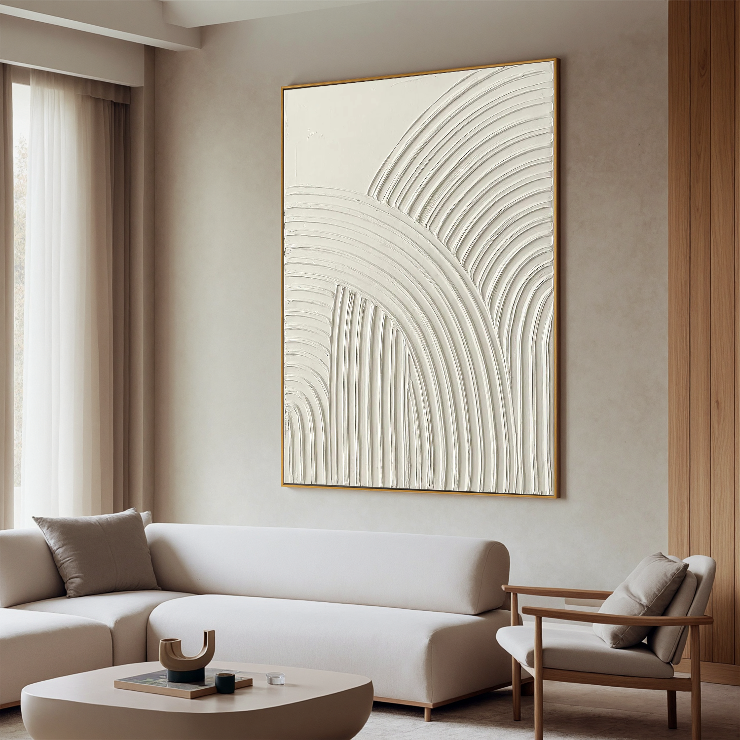 Sacred Arches – Minimalist Cream White Arch Textured Painting | Modern Geometric Plaster Hallway Art