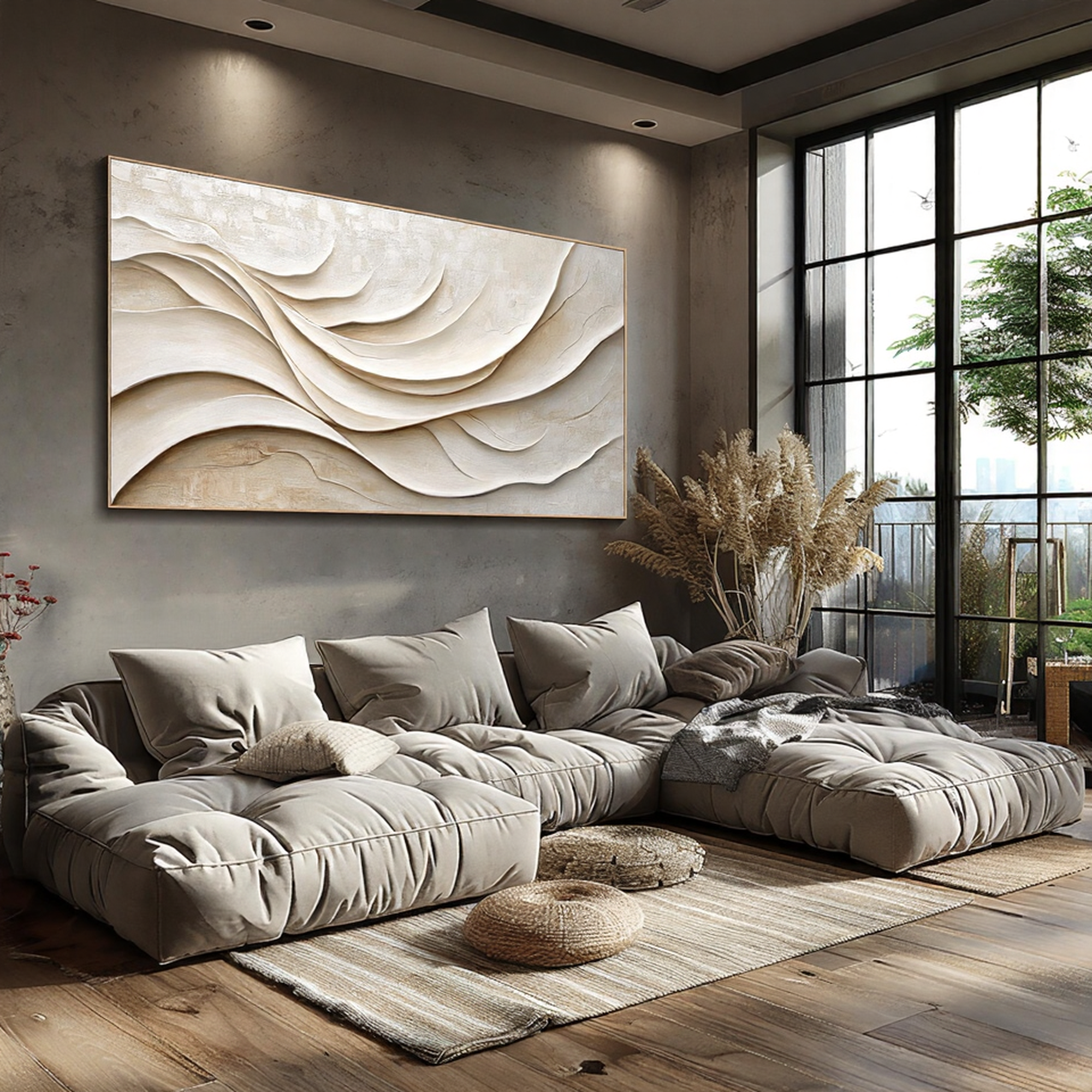 Silk Ripple – Hand-Painted Creamy White Fluid Plaster Relief Minimalist Painting | Modern Minimalist Bedroom & Home Office Art