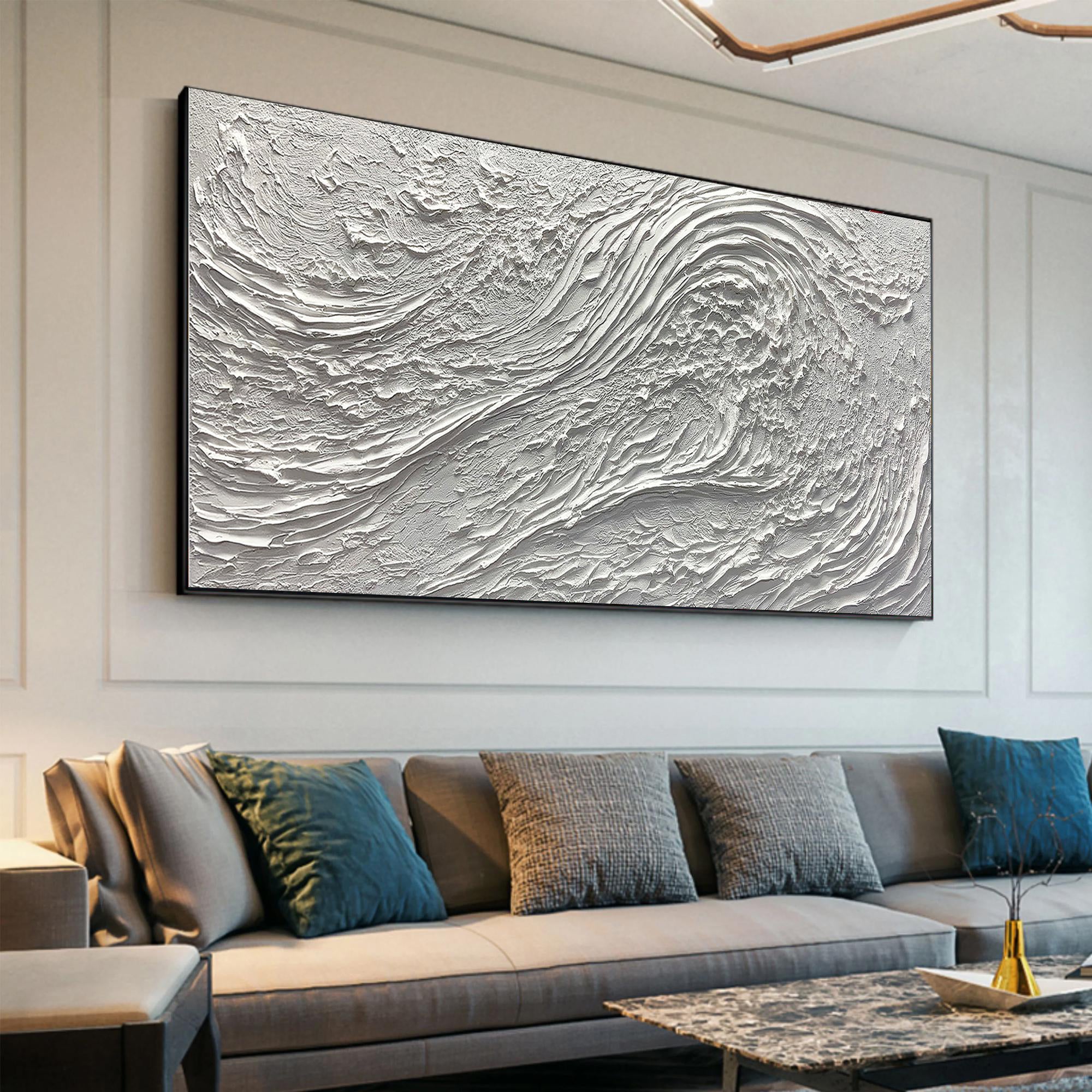 Ocean Crest – White Plaster Wave Relief Texture Painting | Coastal Modern Living Room & Bedroom Art