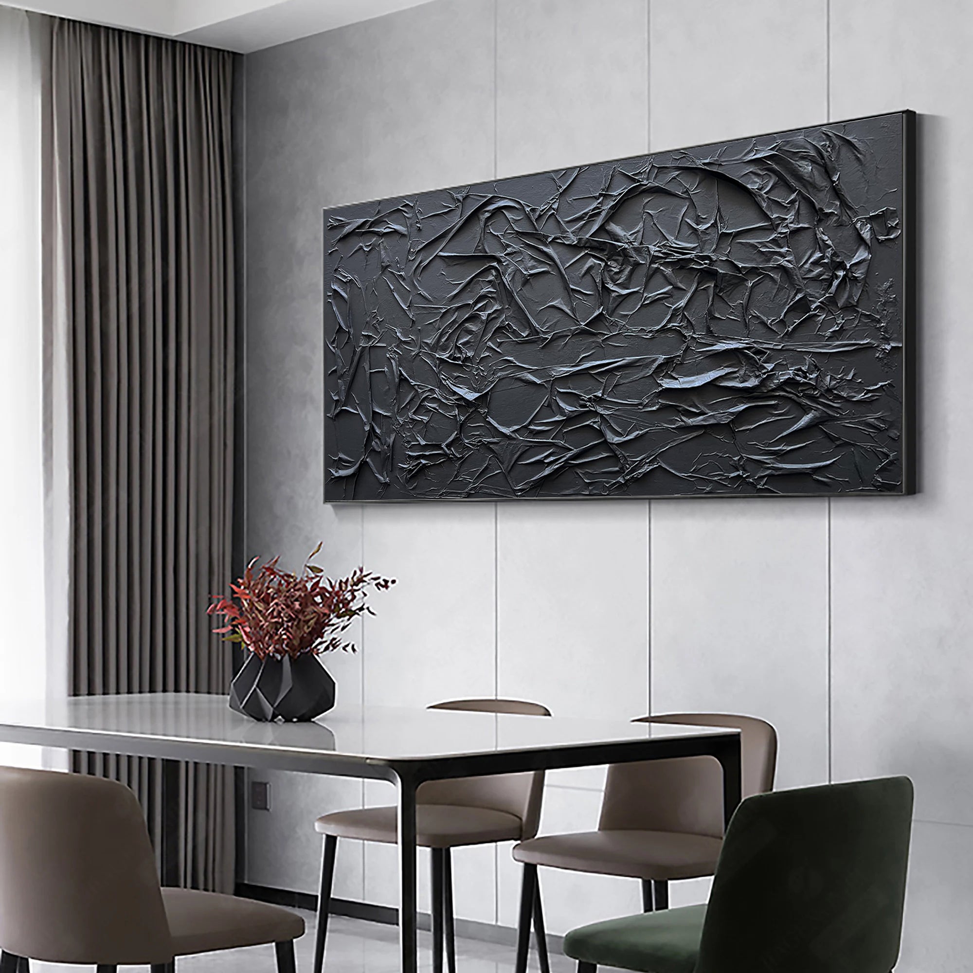 Onyx Ridge – Modern Obsidian Plaster Relief Abstract Painting | Industrial Abstract Home Office & Living Room Art