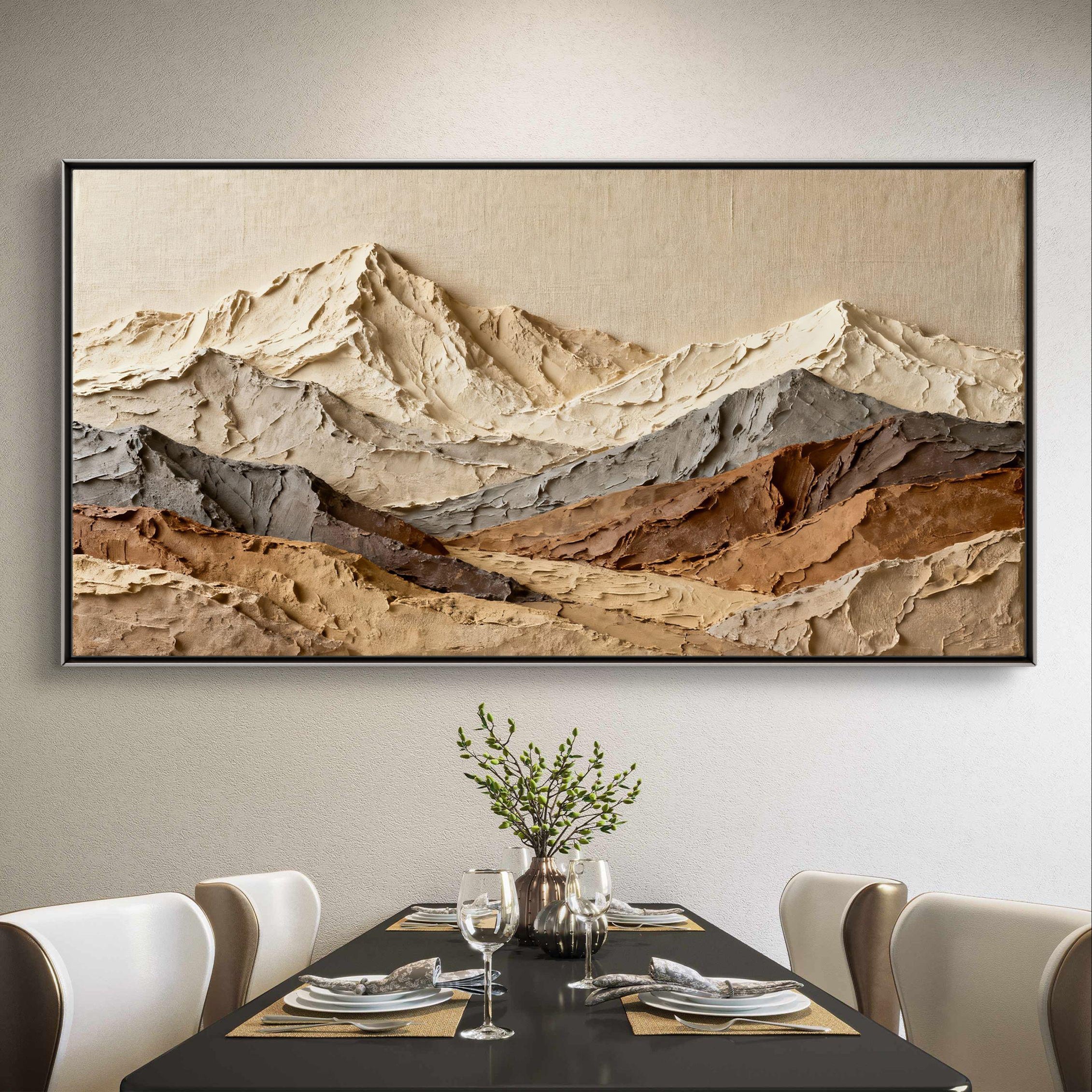 Alpine Summit – Hand-Painted Oatmeal and Grey Mountain Range Plaster Relief Mountain Painting | Contemporary Mountain Living Room & Home Office Art