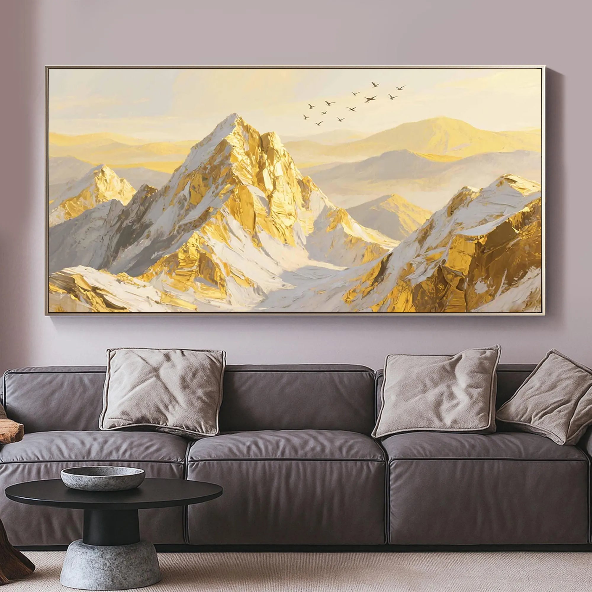 Golden Summit – Hand-Painted Alpine Snow Peak Landscape Palette Knife Oil Mountain Painting | Contemporary Mountain Living Room & Home Office Art