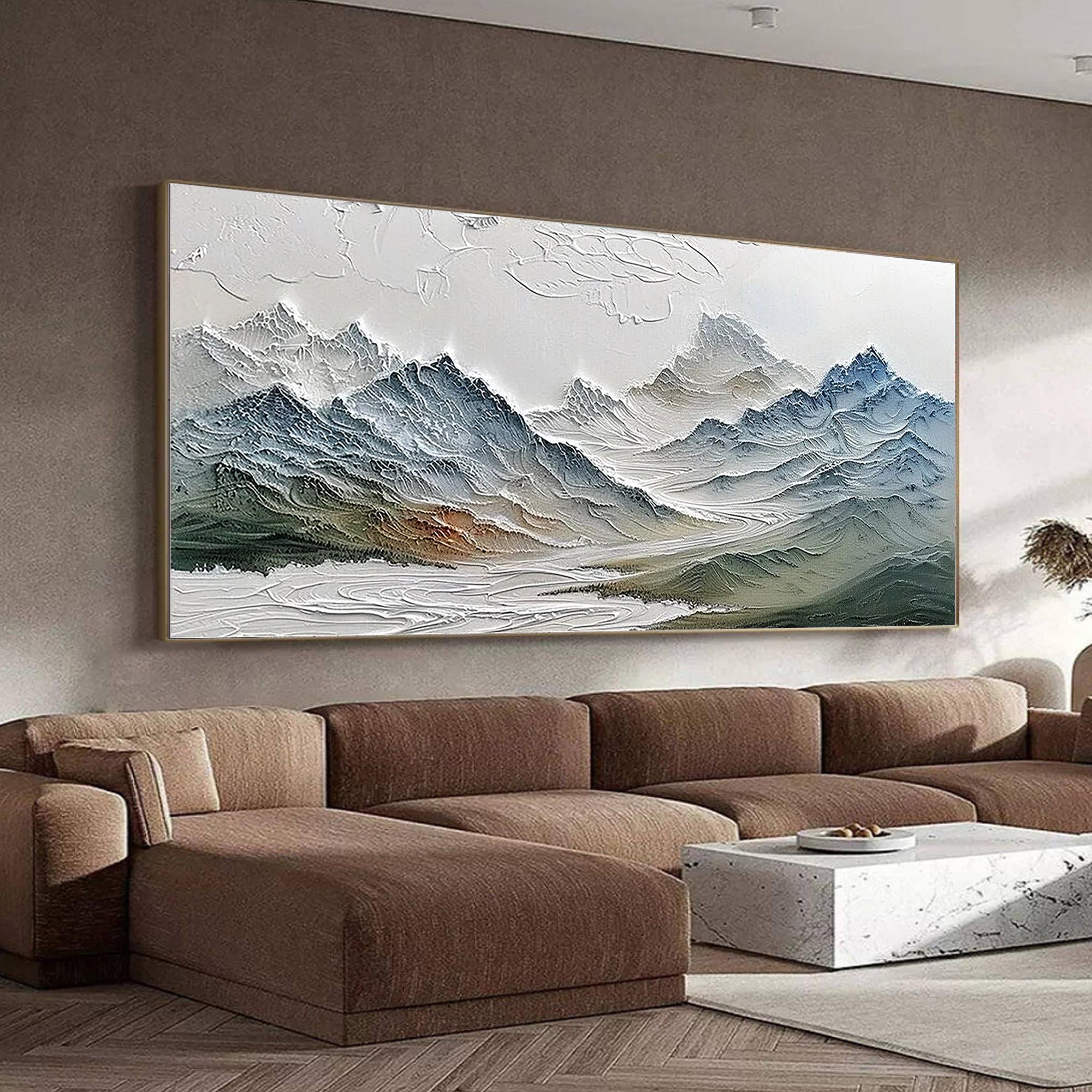 Frosted Peaks – Hand-Painted Blue Alpine Snow Mountain Palette Knife Mountain Painting | Contemporary Mountain Living Room & Home Office Art