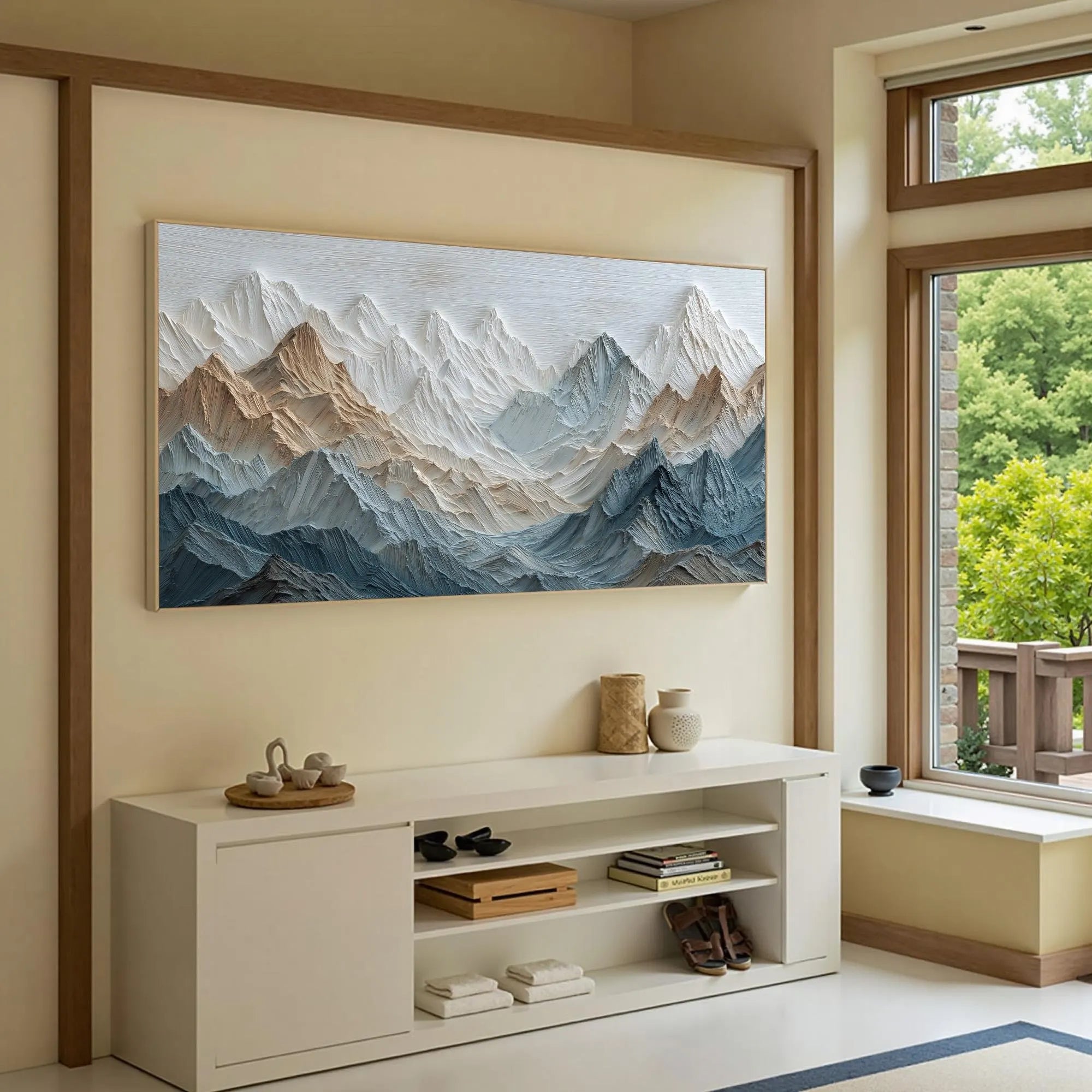 Earthen Peaks – Modern Snow Peak Relief Texture Painting | Contemporary Mountain Living Room & Home Office Art