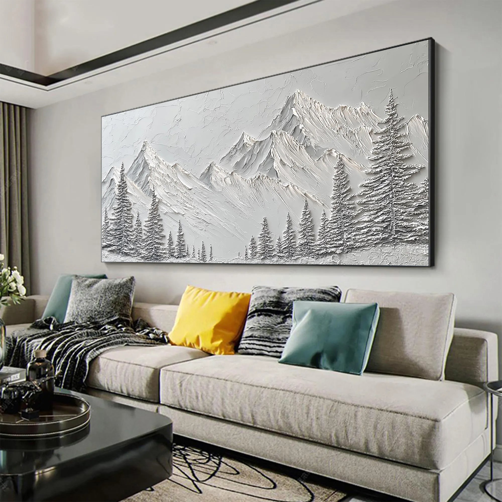 Snow Peak – Modern White Pine & Peak Relief Texture Painting | Contemporary Mountain Living Room & Home Office Art