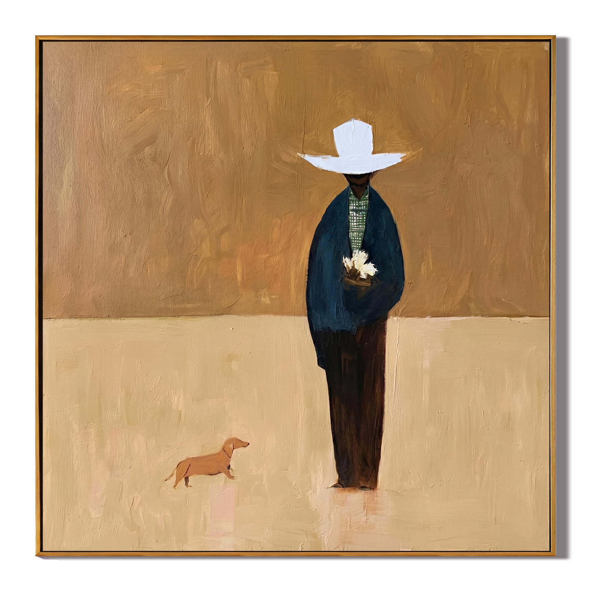 The Quiet Wanderer painting, wood frame, white background