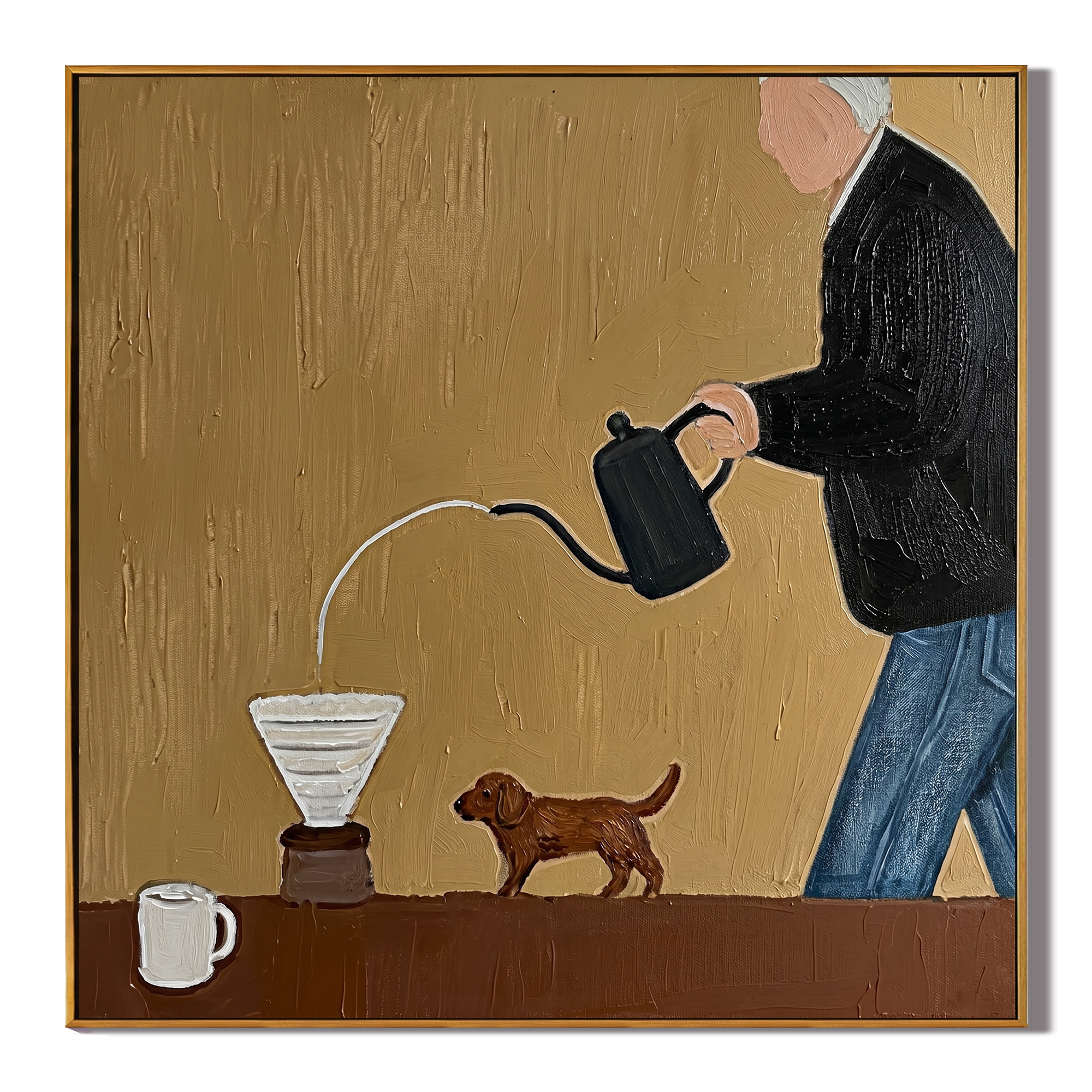 The Morning Pour painting, wood frame, white background