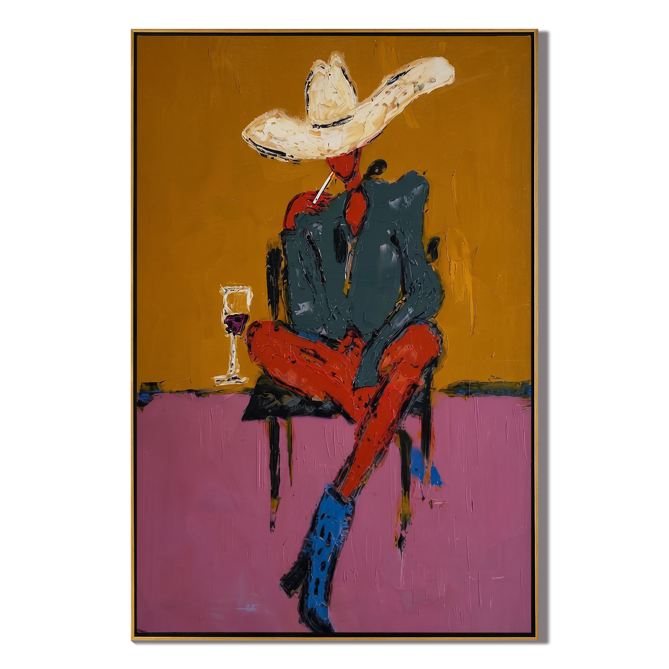 The Mustard Hour painting, wood frame, white background