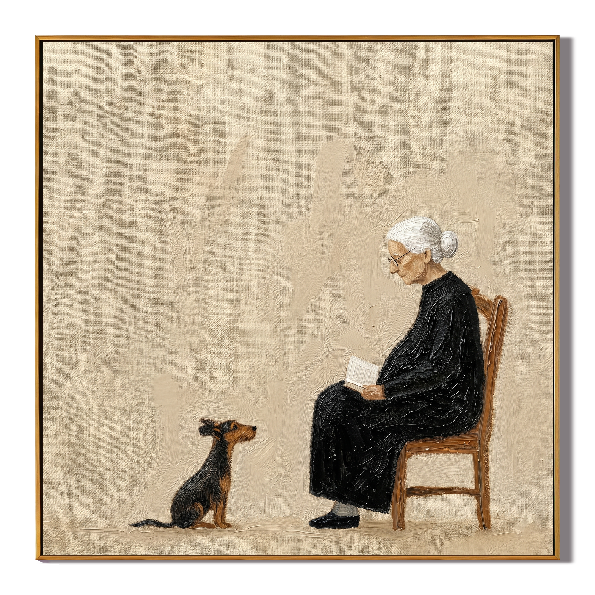 Reading Together painting, wood frame, white background