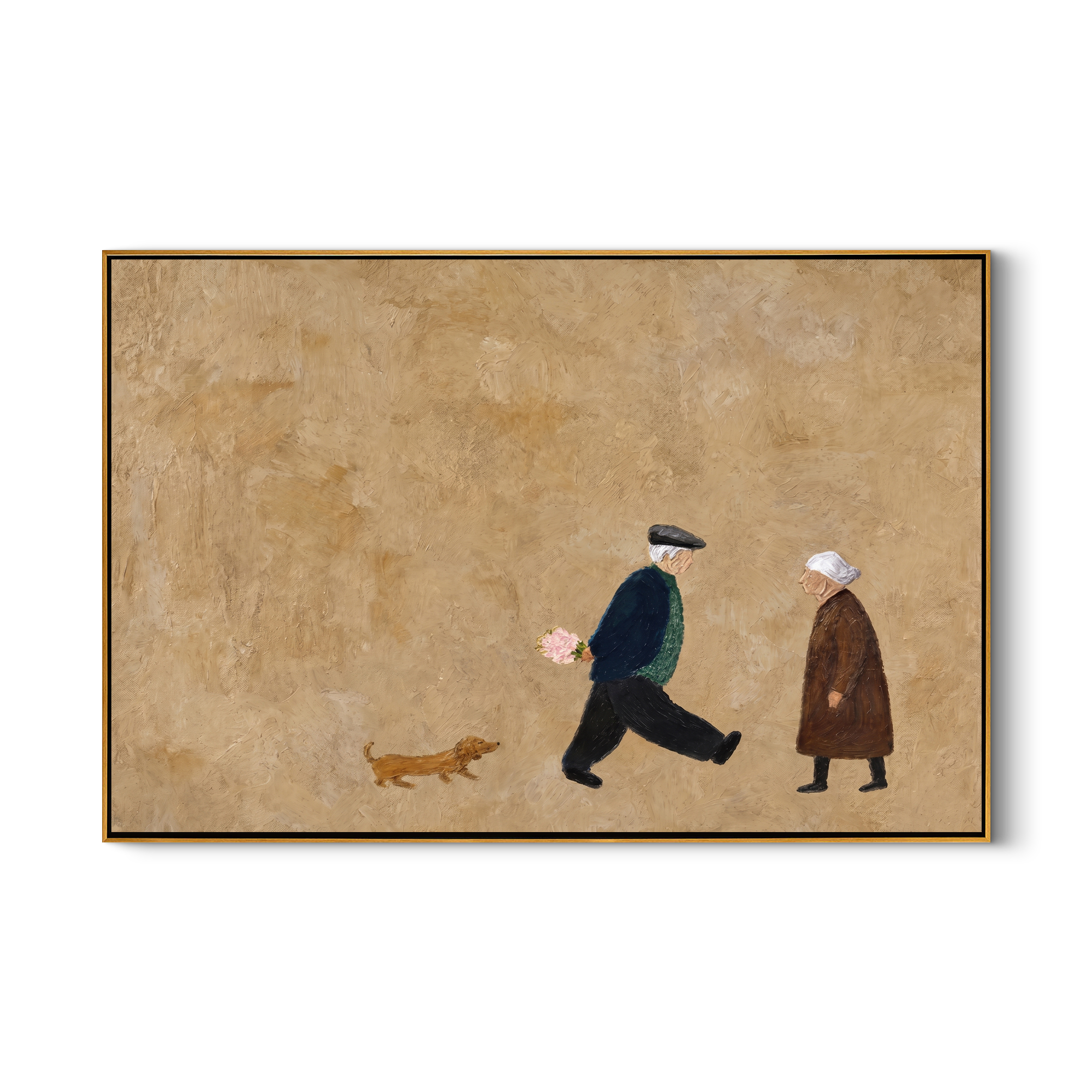 The Evening Companions painting, wood frame, white background