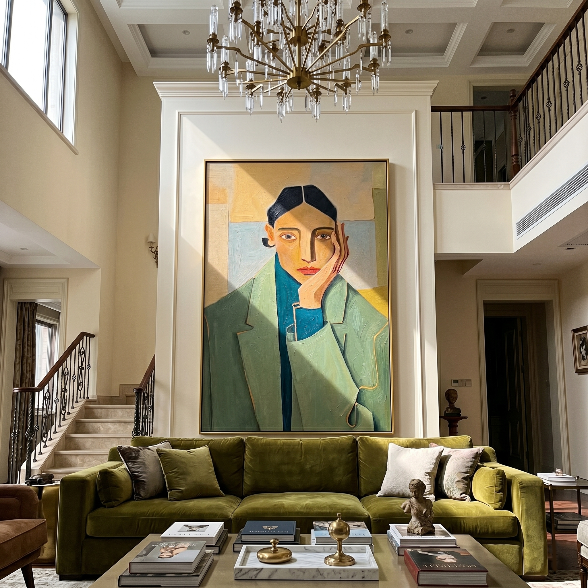 Jade Geometry – Cubist Figure Portrait Painting | Mid-Century Modern Vertical Art