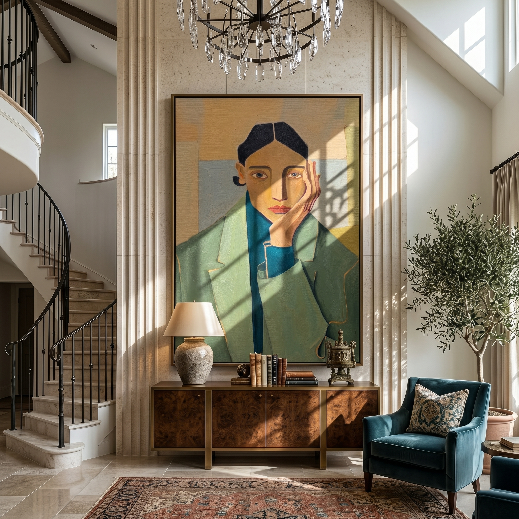 Jade Geometry – Cubist Figure Portrait Painting | Mid-Century Modern Vertical Art