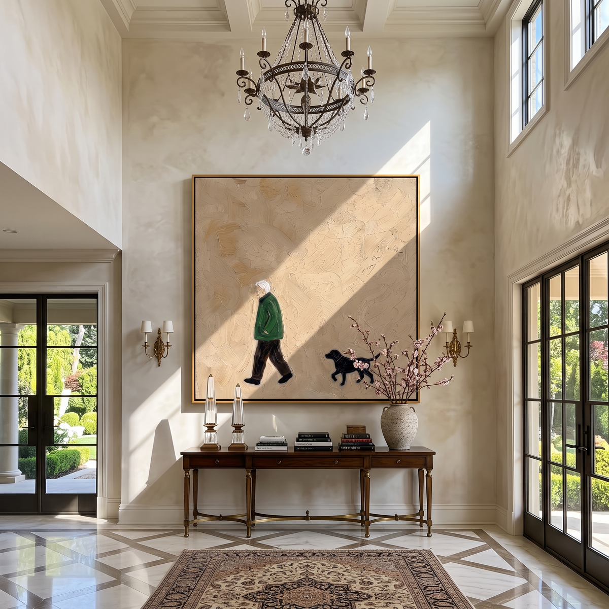 Green Coat Keeps Pace person walking black dog painting displayed in a styled interior