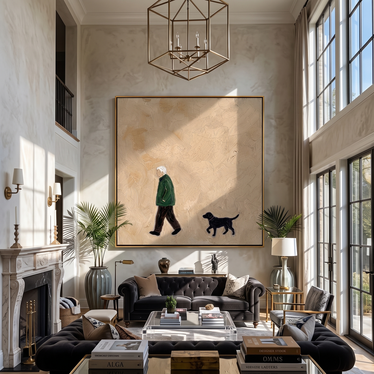 Green Coat Keeps Pace people and pets wall art above contemporary furnishings