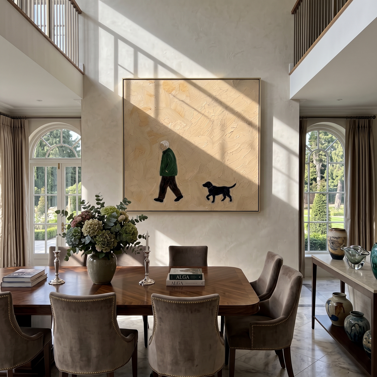 Green Coat Keeps Pace artwork styled as a warm modern focal point
