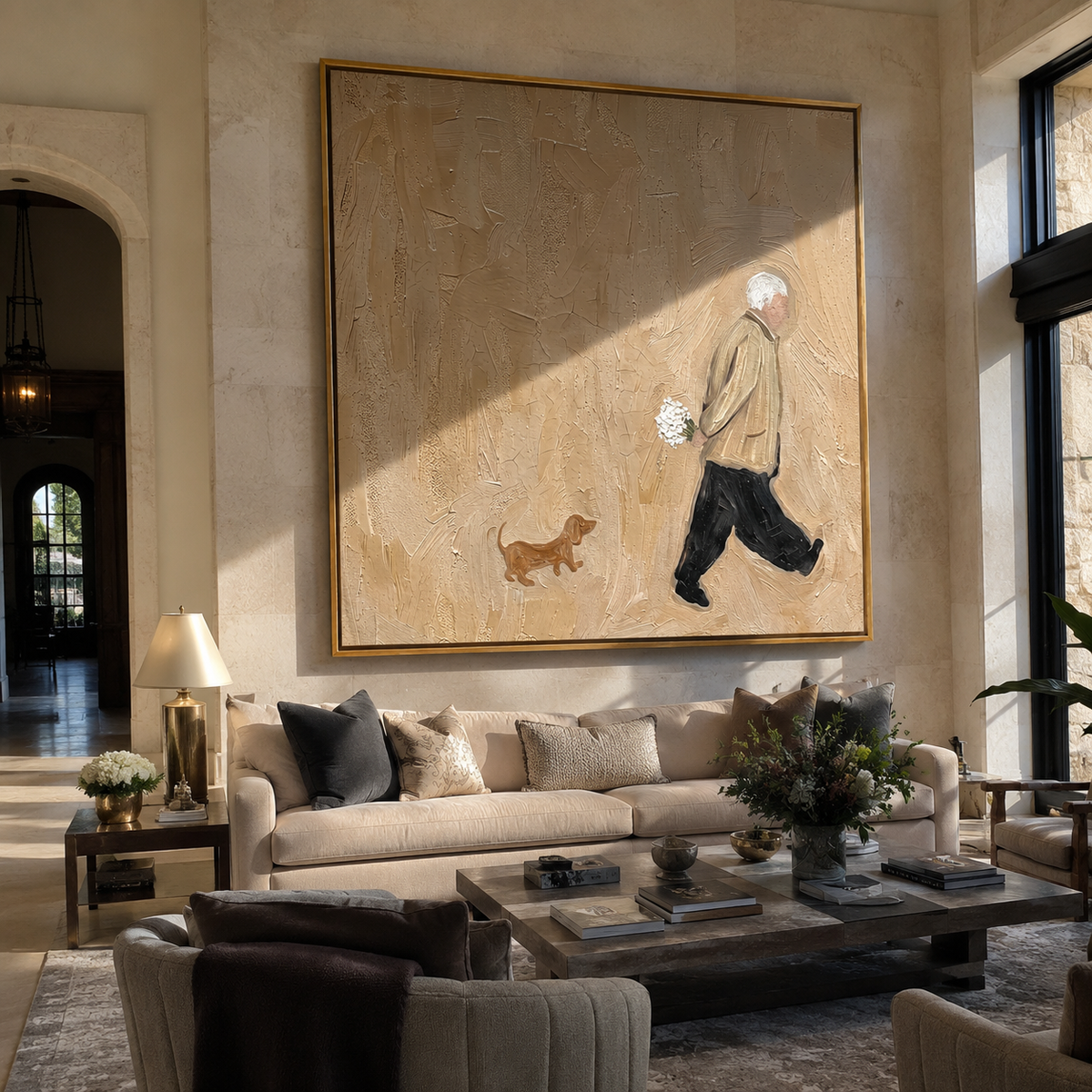 Flowers Along Short Steps person with flowers and dog painting displayed in a styled interior