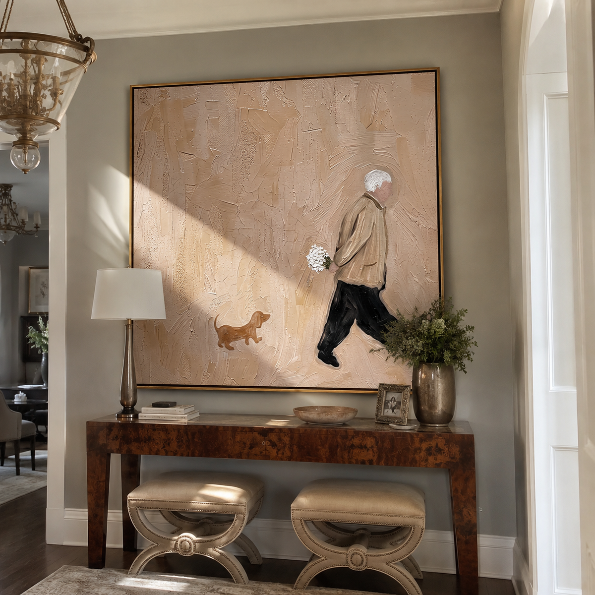 Flowers Along Short Steps people and pets wall art above contemporary furnishings
