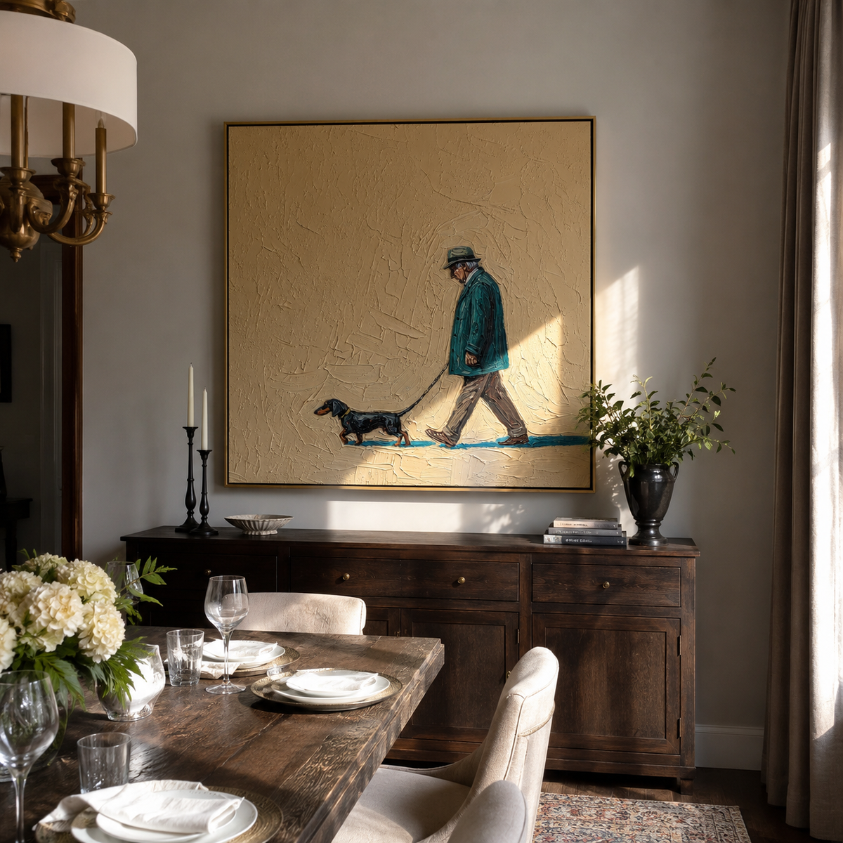 Teal Walk Long Shadow man walking dachshund painting displayed in a styled interior