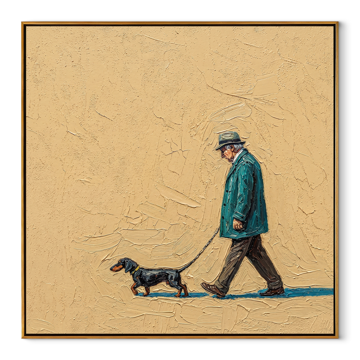 Teal Walk Long Shadow square painting in a wood frame on a white background