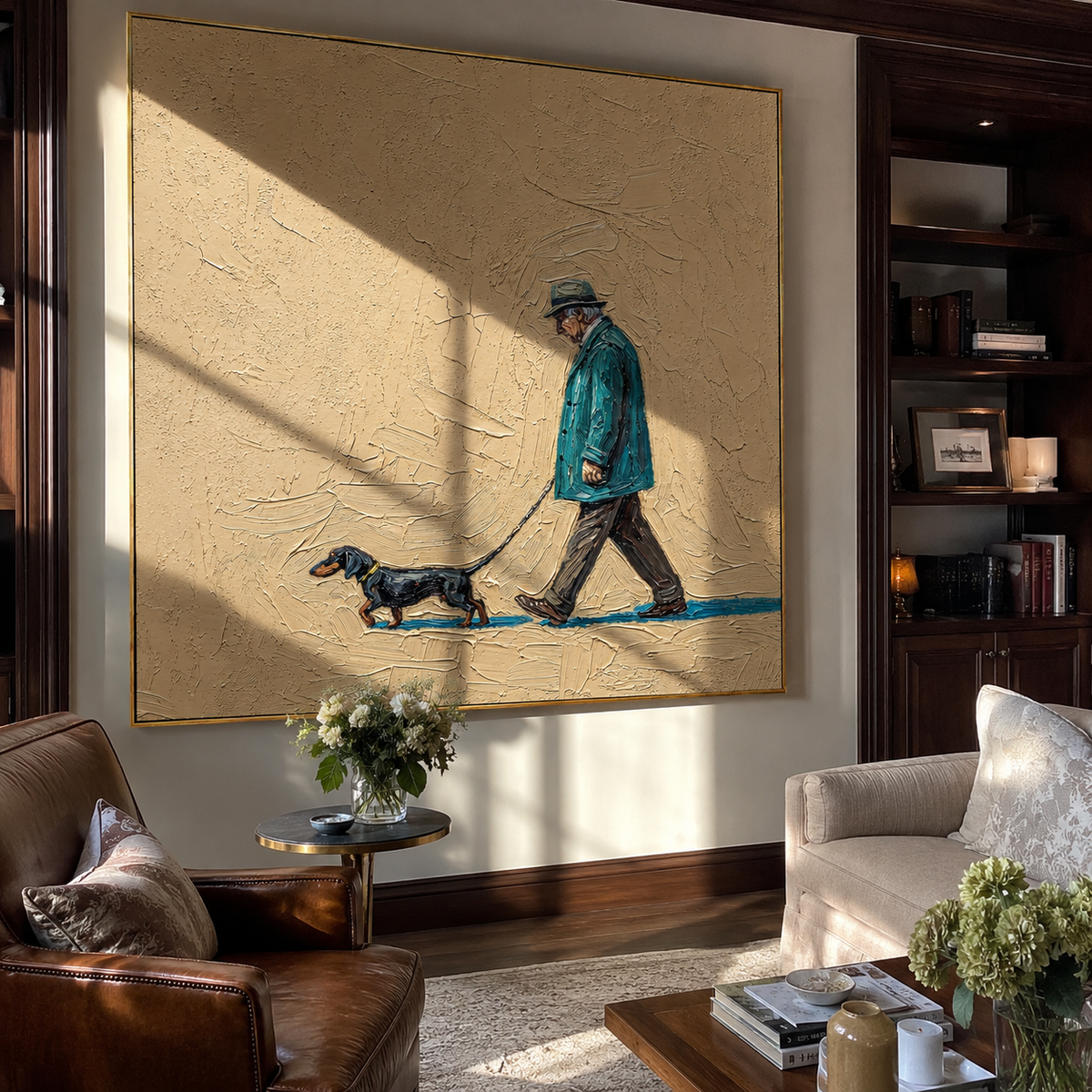 Teal Walk Long Shadow people and pets wall art above contemporary furnishings