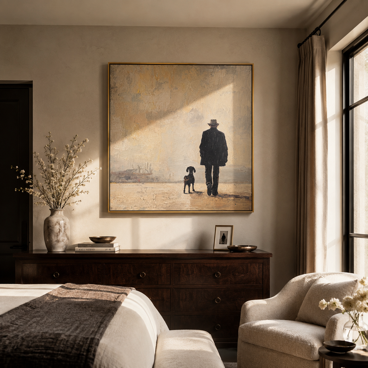 Fog Keeps Their Footsteps people and pets wall art above contemporary furnishings