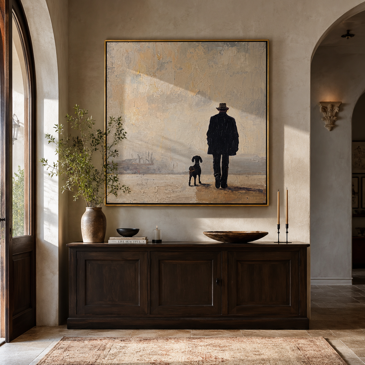 Fog Keeps Their Footsteps painting presented in an alternate room setting