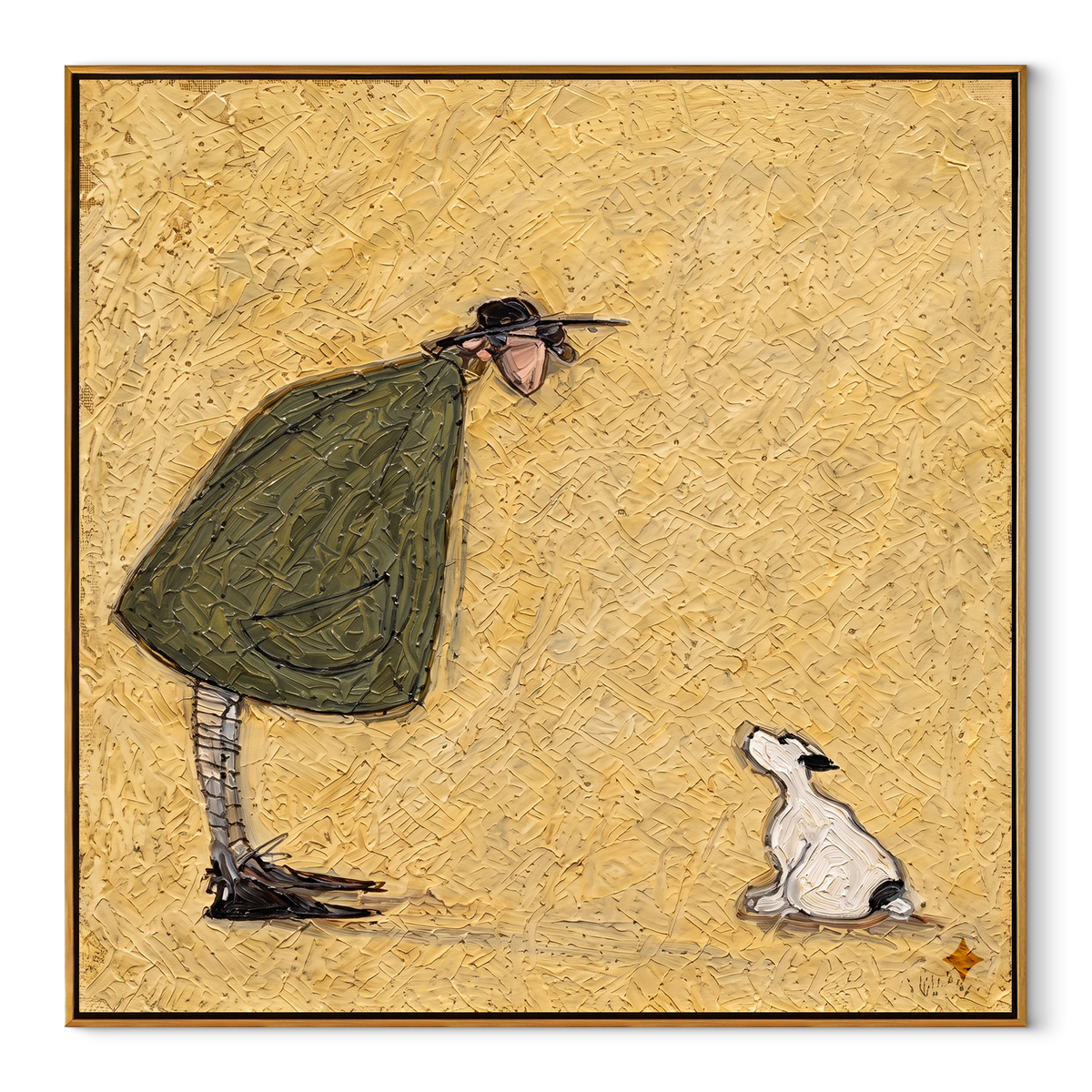 Rabbit Waits Below Gold square painting in a wood frame on a white background