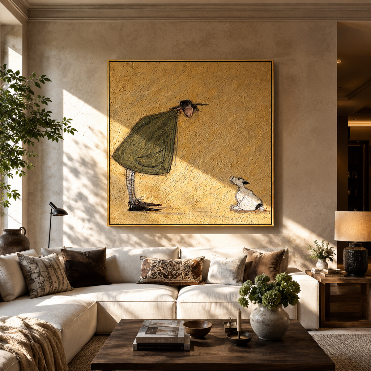 Rabbit Waits Below Gold people and pets wall art above contemporary furnishings