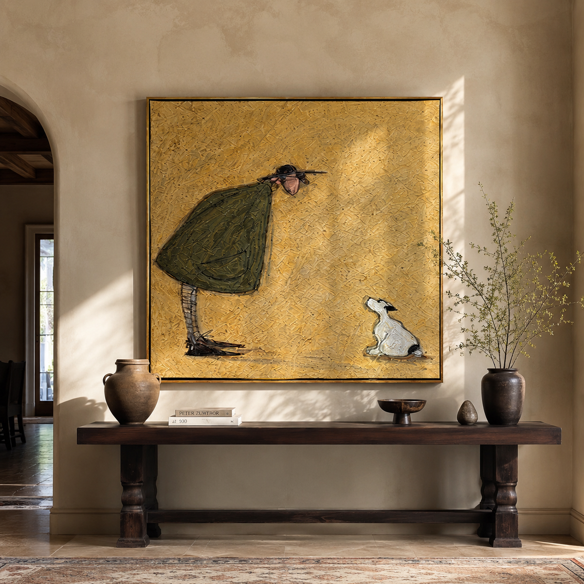 Rabbit Waits Below Gold painting presented in an alternate room setting