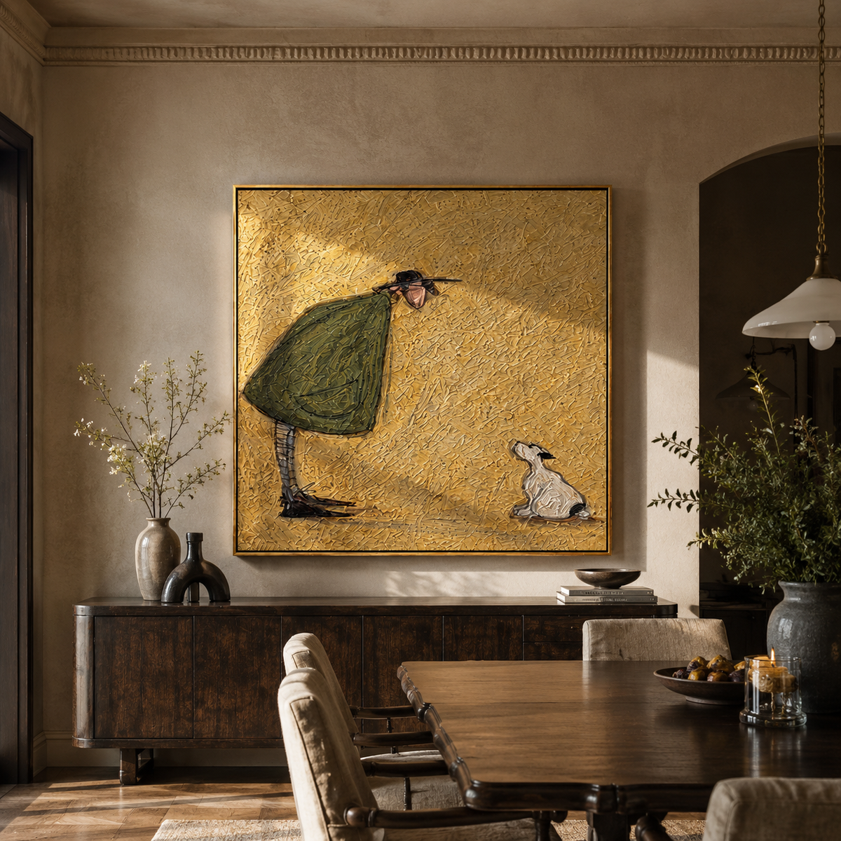 Rabbit Waits Below Gold artwork styled as a warm modern focal point