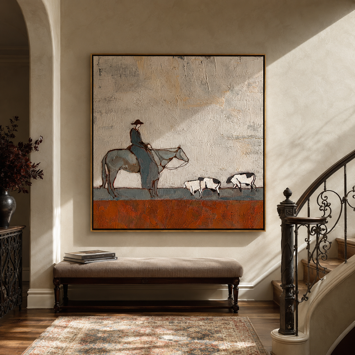 Sheep Cross Rust Plain rider herding sheep painting displayed in a styled interior
