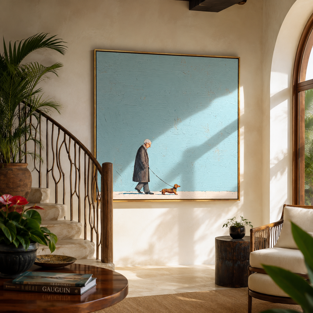 Turquoise Walk Tiny Hound people and pets wall art above contemporary furnishings