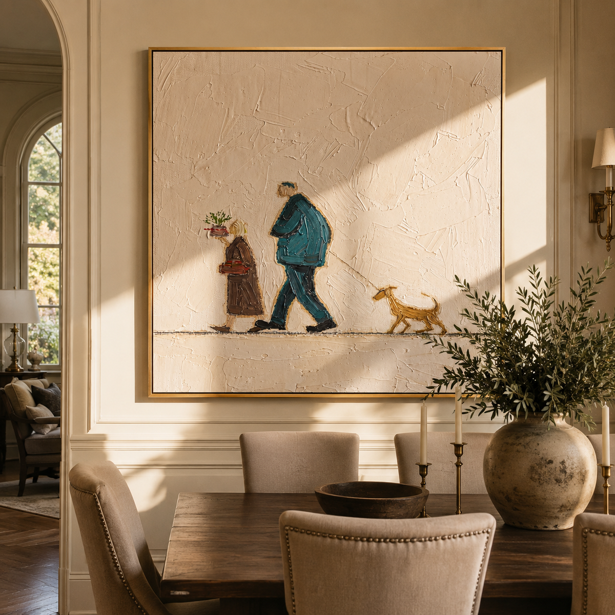 Flowers Travel Beside Them person carrying plant with dog painting displayed in a styled interior